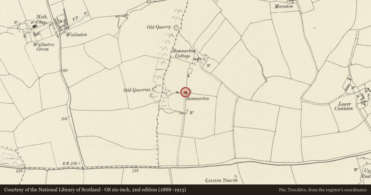 Ordnance Survey six-inch map, 2nd edition (1888–1913) covering the location of Sommerton Farmhouse, Hundleton, Pembrokeshire, with a pin at the register's coordinates