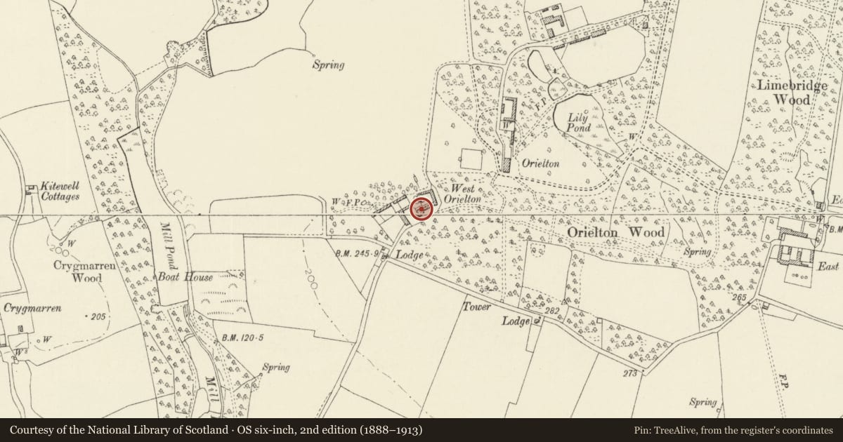 Ordnance Survey six-inch map, 2nd edition (1888–1913) covering the location of West Orielton Farmhouse, Hundleton, Pembrokeshire, with a pin at the register's coordinates
