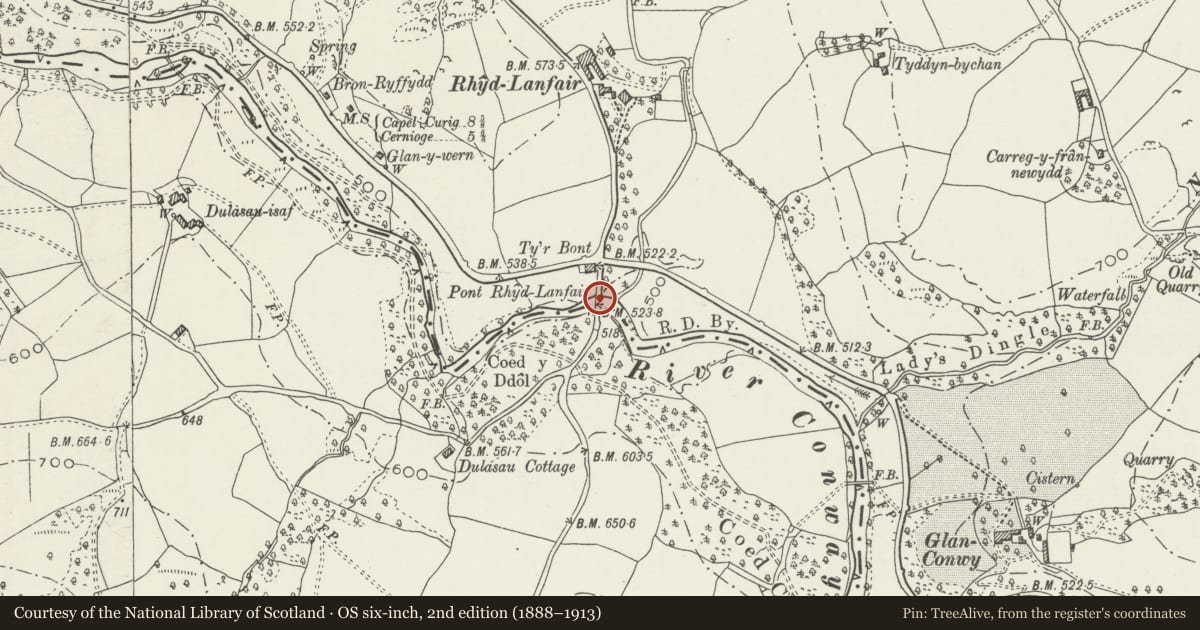 Ordnance Survey six-inch map, 2nd edition (1888–1913) covering the location of Pont Rhydlanfair, Bro Garmon, Conwy, with a pin at the register's coordinates
