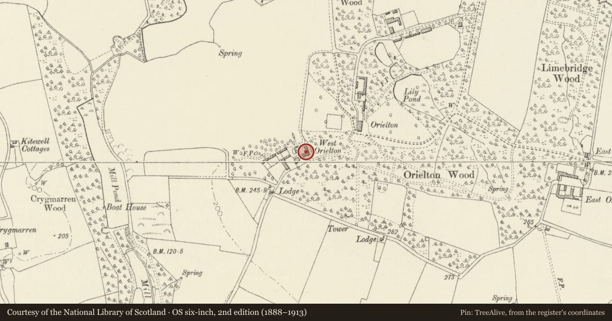 Ordnance Survey six-inch map, 2nd edition (1888–1913) covering the location of Dovecote and attached Courtyard Ranges of outbuilding Farm Buildings E of West Orielton, Hundleton, Pembrokeshire, with a pin at the register's coordinates