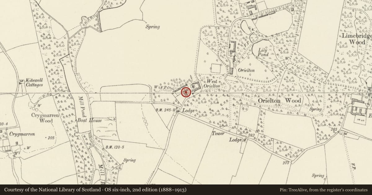 Ordnance Survey six-inch map, 2nd edition (1888–1913) covering the location of L-Plan Range of Farm Buildings W of West Orielton Farmhouse, Hundleton, Pembrokeshire, with a pin at the register's coordinates