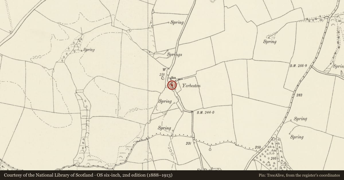 Ordnance Survey six-inch map, 2nd edition (1888–1913) covering the location of Yerbeston Farmhouse, Hundleton, Pembrokeshire, with a pin at the register's coordinates