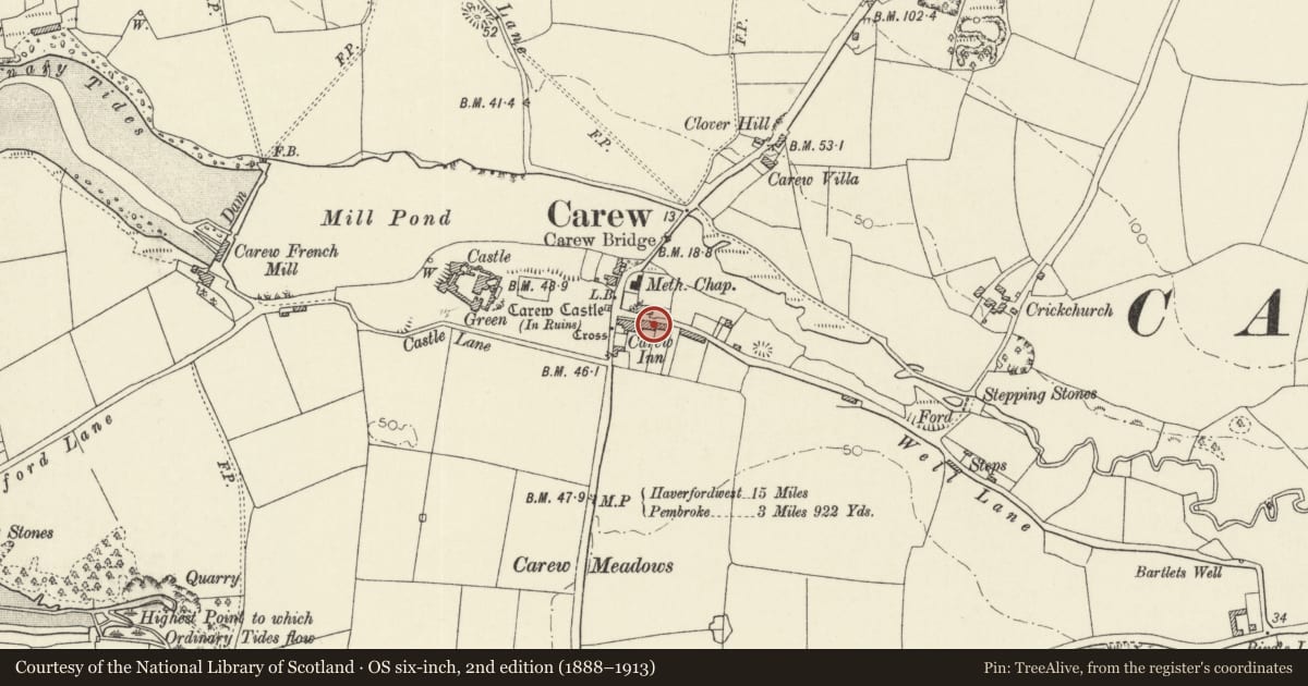 Ordnance Survey six-inch map, 2nd edition (1888–1913) covering the location of Castle Lodge, Carew, Pembrokeshire, with a pin at the register's coordinates