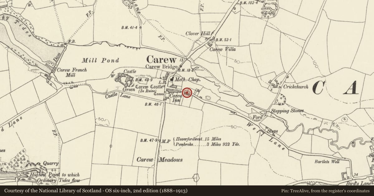 Ordnance Survey six-inch map, 2nd edition (1888–1913) covering the location of 6 Picton Terrace, Carew, Pembrokeshire, with a pin at the register's coordinates