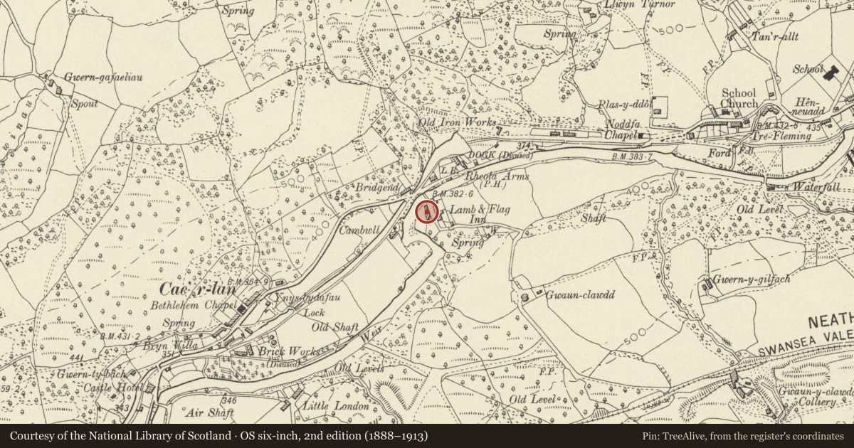 Ordnance Survey six-inch map, 2nd edition (1888–1913) covering the location of Outbuildings opposite Lamb & Flag Cottages, Ystradgynlais, Powys, with a pin at the register's coordinates