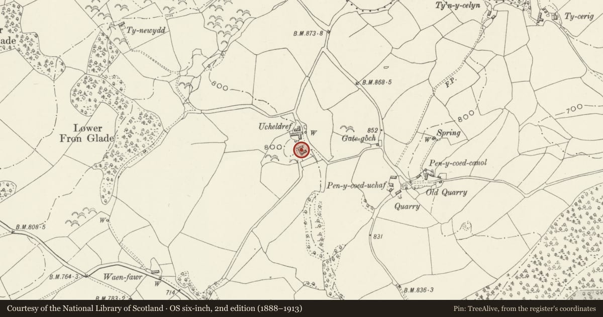 Ordnance Survey six-inch map, 2nd edition (1888–1913) covering the location of Uchel-Dref, Corwen, Denbighshire, with a pin at the register's coordinates