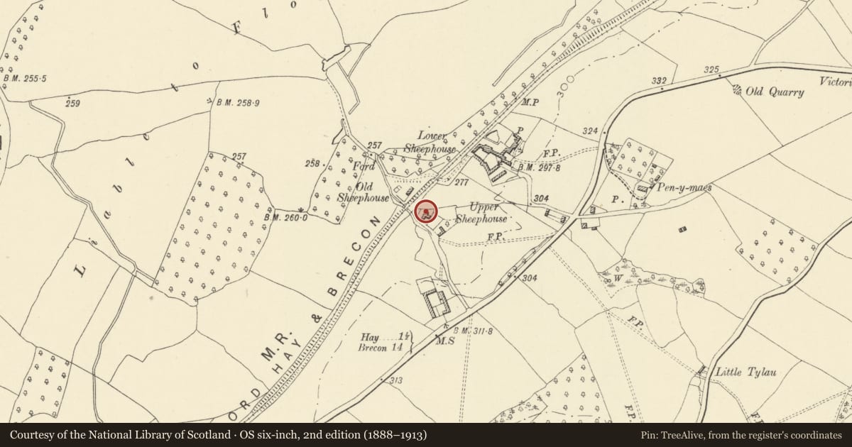 Ordnance Survey six-inch map, 2nd edition (1888–1913) covering the location of Sheephouse, Llanigon, Powys, with a pin at the register's coordinates