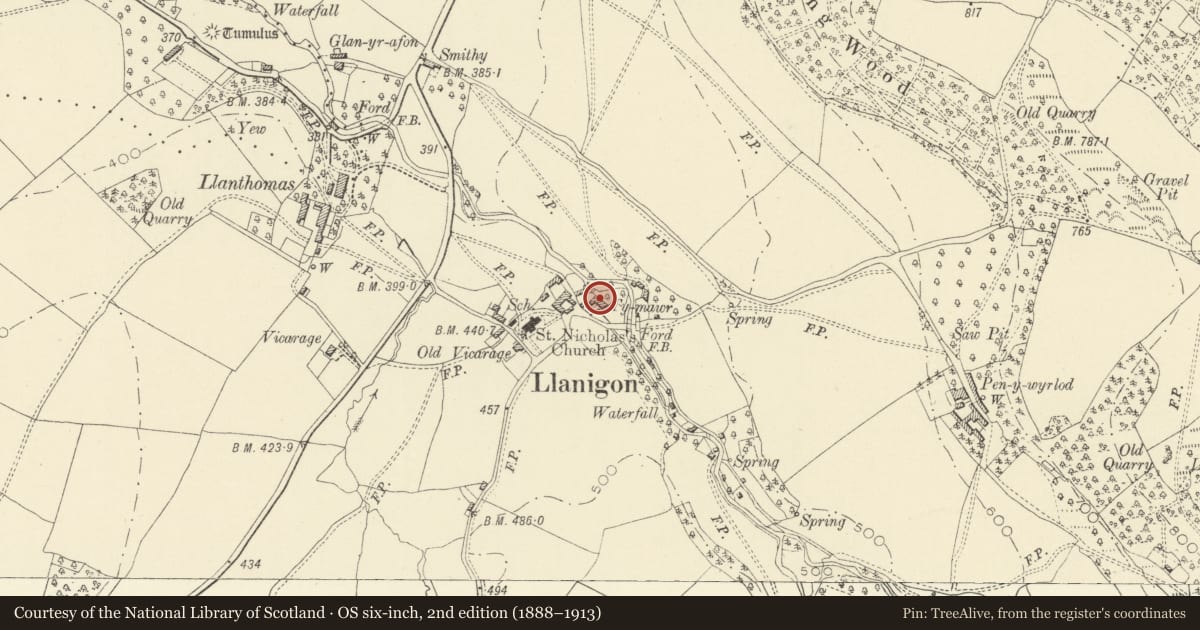 Ordnance Survey six-inch map, 2nd edition (1888–1913) covering the location of Ty Mawr, Llanigon, Powys, with a pin at the register's coordinates