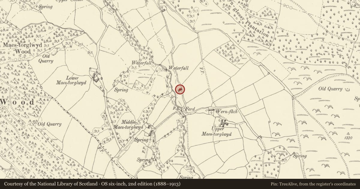 Ordnance Survey six-inch map, 2nd edition (1888–1913) covering the location of Middle Maestorglwydd Barn, Llanigon, Powys, with a pin at the register's coordinates
