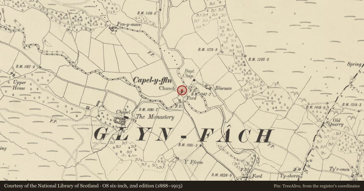 Ordnance Survey six-inch map, 2nd edition (1888–1913) covering the location of St. Mary's Church, Llanigon, Powys, with a pin at the register's coordinates