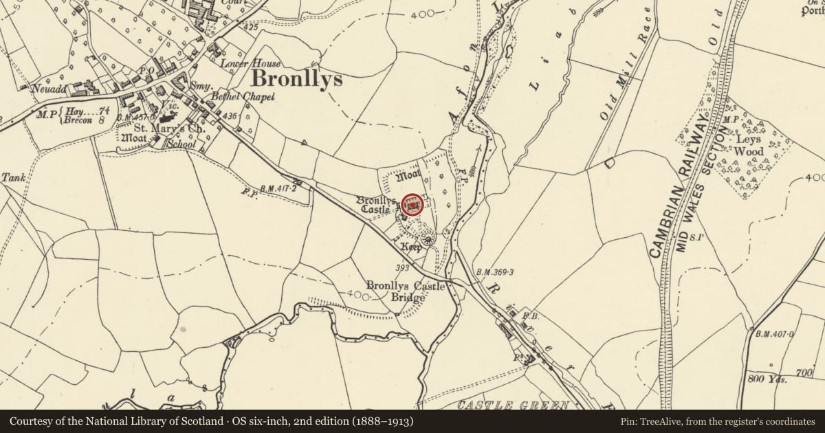 Ordnance Survey six-inch map, 2nd edition (1888–1913) covering the location of Bronllys Castle House (including Castle Cottage)., Powys, with a pin at the register's coordinates