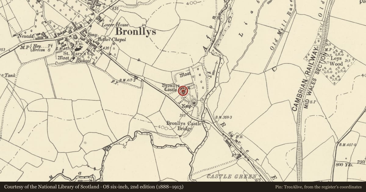 Ordnance Survey six-inch map, 2nd edition (1888–1913) covering the location of Workshop and gallery at Bronllys Castle House, Powys, with a pin at the register's coordinates