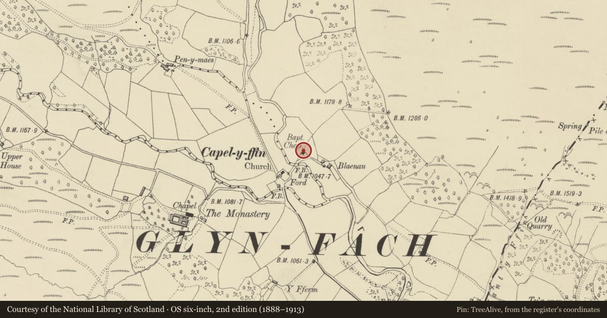 Ordnance Survey six-inch map, 2nd edition (1888–1913) covering the location of Baptist Chapel, Llanigon, Powys, with a pin at the register's coordinates
