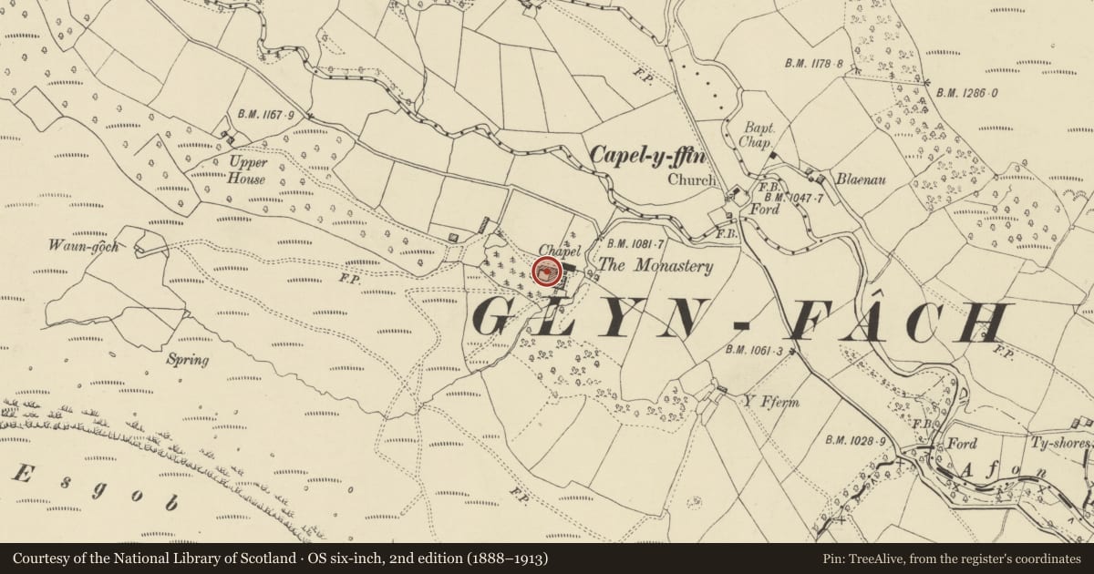 Ordnance Survey six-inch map, 2nd edition (1888–1913) covering the location of The Monastery, Llanigon, Powys, with a pin at the register's coordinates
