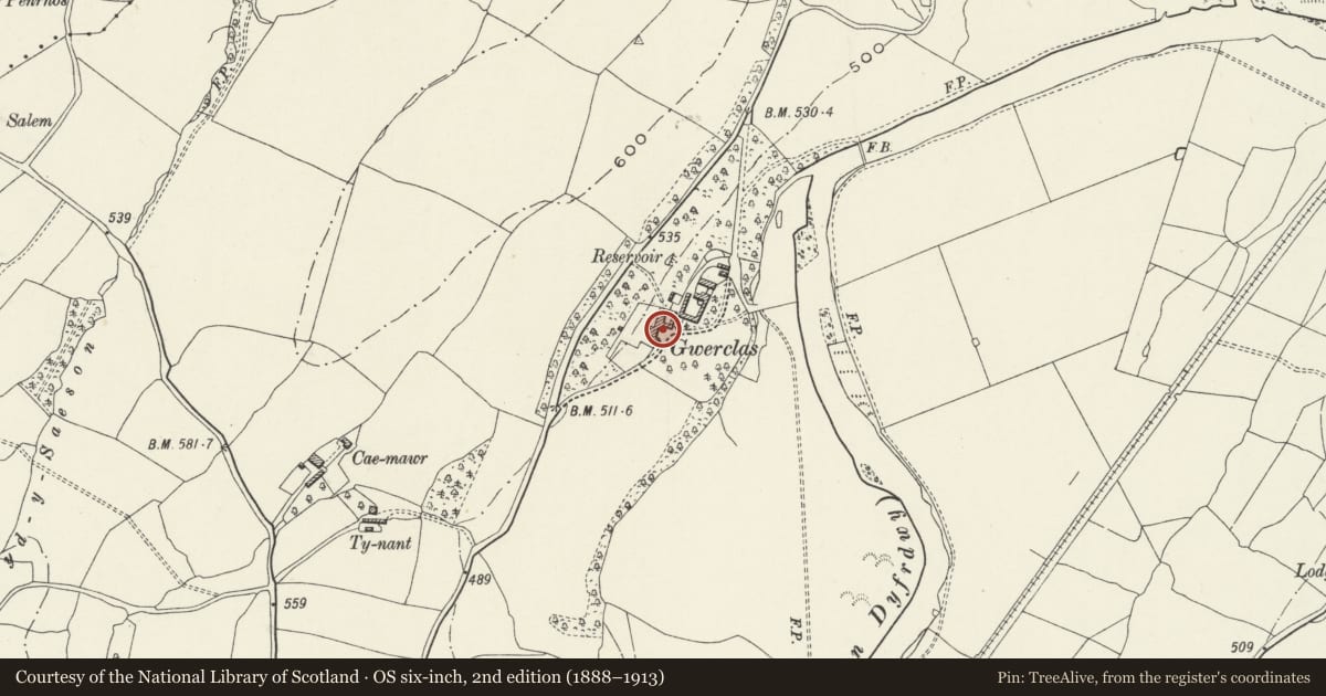 Ordnance Survey six-inch map, 2nd edition (1888–1913) covering the location of Gwerclas Hall, Cynwyd, Denbighshire, with a pin at the register's coordinates