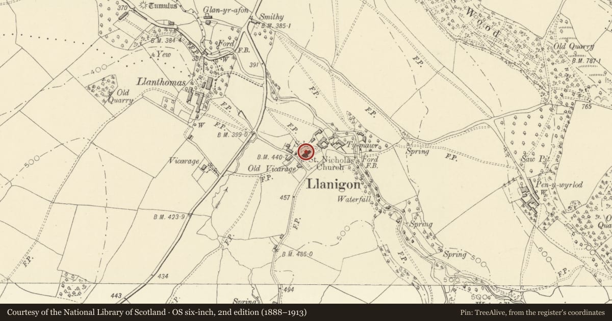 Ordnance Survey six-inch map, 2nd edition (1888–1913) covering the location of Parish Church of St Eigon, Llanigon, Powys, with a pin at the register's coordinates