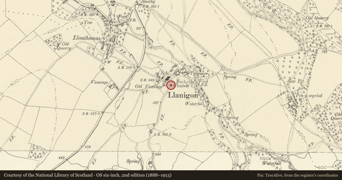 Ordnance Survey six-inch map, 2nd edition (1888–1913) covering the location of Lychgate at South Side of Churchyard of St Eigon's Church, Llanigon, Powys, with a pin at the register's coordinates