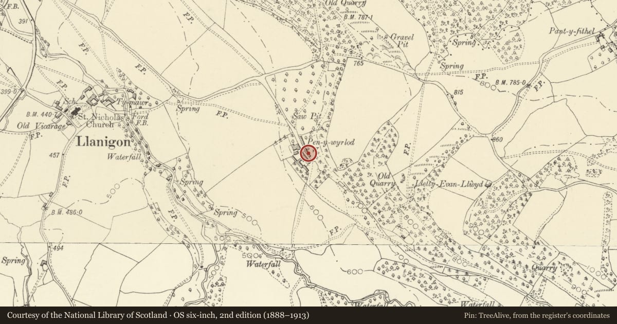 Ordnance Survey six-inch map, 2nd edition (1888–1913) covering the location of Stables at Penyrwrlodd, Llanigon, Powys, with a pin at the register's coordinates