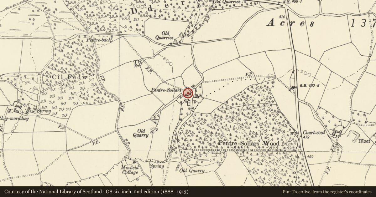 Ordnance Survey six-inch map, 2nd edition (1888–1913) covering the location of Pentre-Sollars, Bronllys, Powys, with a pin at the register's coordinates