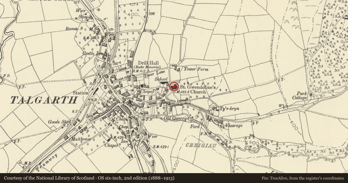 Ordnance Survey six-inch map, 2nd edition (1888–1913) covering the location of Church of St Gwendoline, Talgarth, Powys, with a pin at the register's coordinates