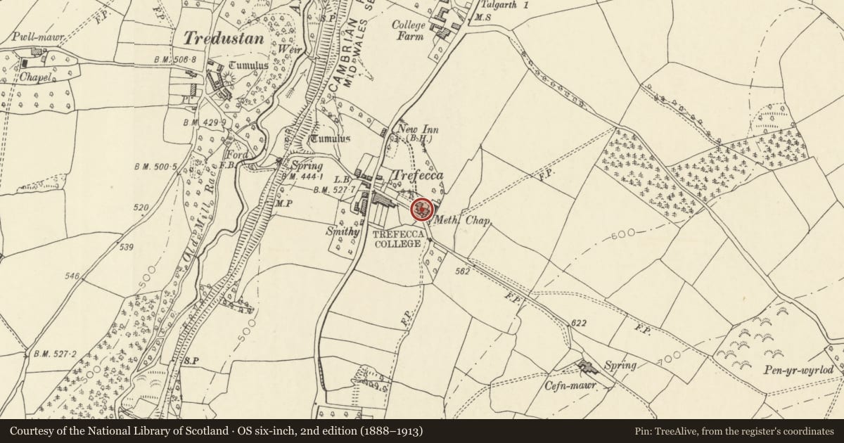 Ordnance Survey six-inch map, 2nd edition (1888–1913) covering the location of Coleg Trefeca, Talgarth, Powys, with a pin at the register's coordinates