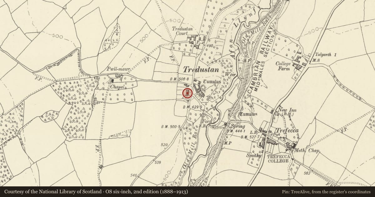 Ordnance Survey six-inch map, 2nd edition (1888–1913) covering the location of Tredustan Hall, Talgarth, Powys, with a pin at the register's coordinates