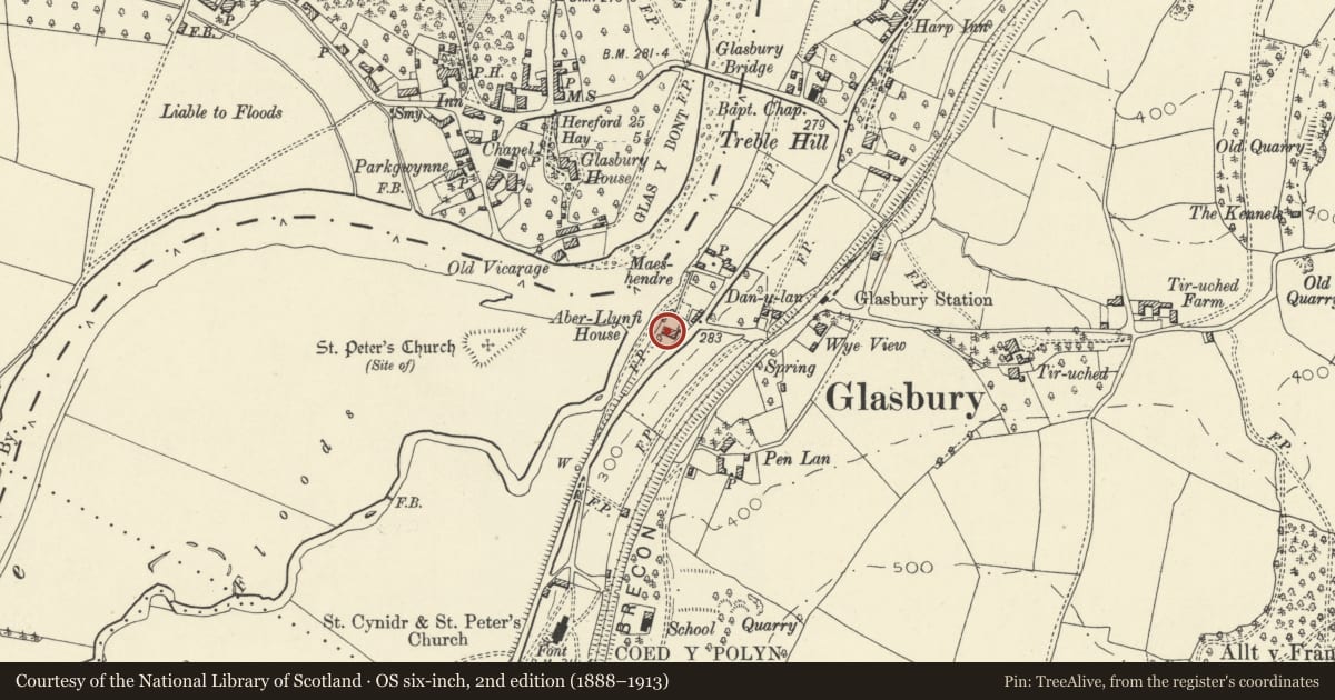 Ordnance Survey six-inch map, 2nd edition (1888–1913) covering the location of Aberllynfi House, Gwernyfed, Powys, with a pin at the register's coordinates