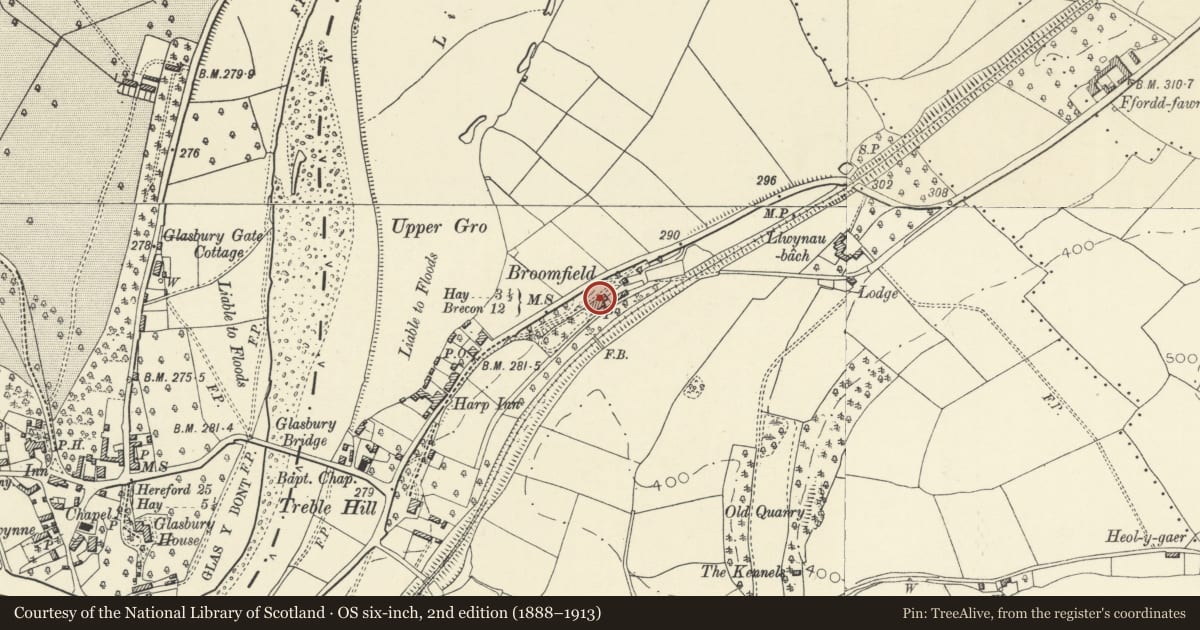 Ordnance Survey six-inch map, 2nd edition (1888–1913) covering the location of Broomfield, Gwernyfed, Powys, with a pin at the register's coordinates