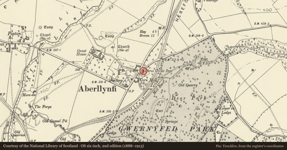 Ordnance Survey six-inch map, 2nd edition (1888–1913) covering the location of The Three Cocks Hotel, Gwernyfed, Powys, with a pin at the register's coordinates