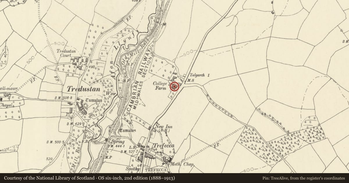 Ordnance Survey six-inch map, 2nd edition (1888–1913) covering the location of Trefeca College Farmhouse (Trefeca Isaf), Talgarth, Powys, with a pin at the register's coordinates