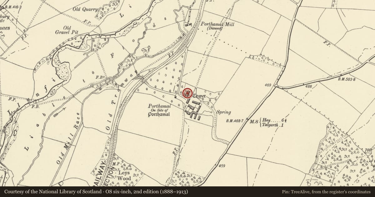 Ordnance Survey six-inch map, 2nd edition (1888–1913) covering the location of Great Porthamel Farmhouse, Talgarth, Powys, with a pin at the register's coordinates