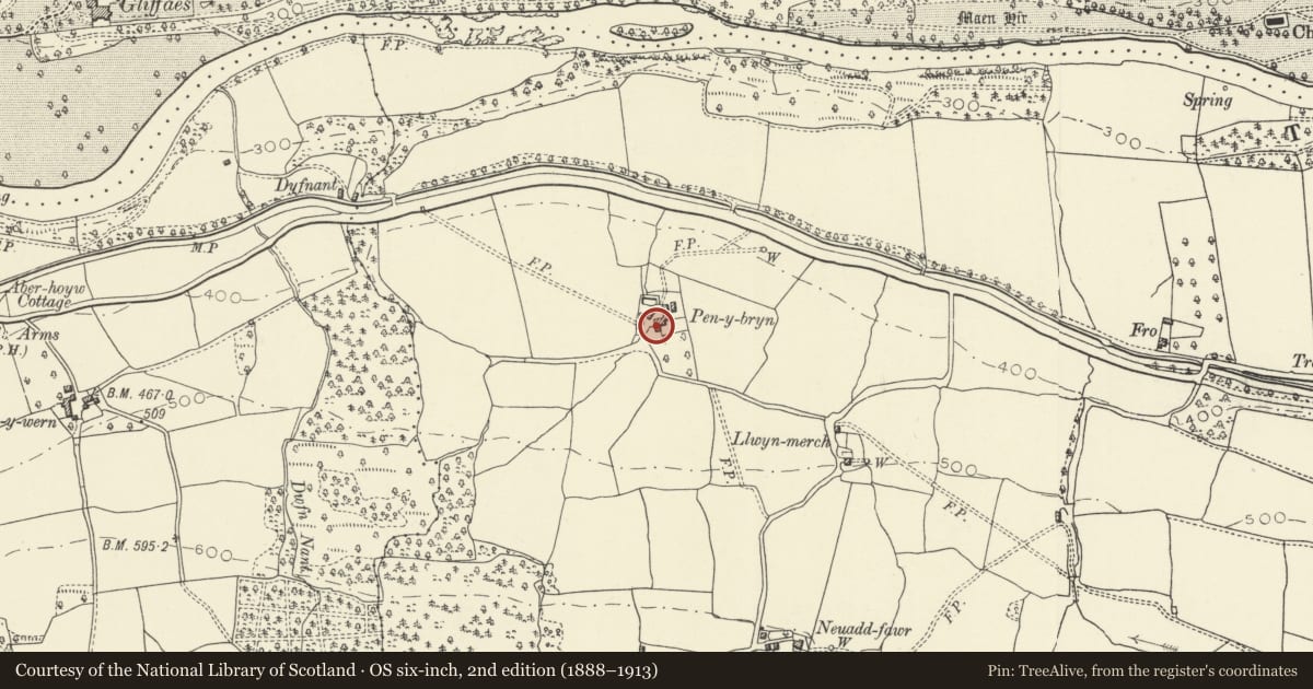 Ordnance Survey six-inch map, 2nd edition (1888–1913) covering the location of Pen-y-Bryn, Llangattock, Powys, with a pin at the register's coordinates