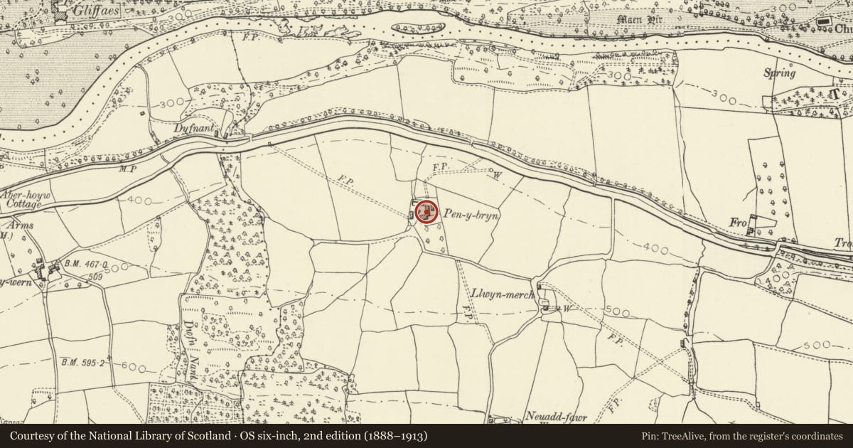 Ordnance Survey six-inch map, 2nd edition (1888–1913) covering the location of Barn immediately to N of Pen-y-Bryn farmhouse, Llangattock, Powys, with a pin at the register's coordinates