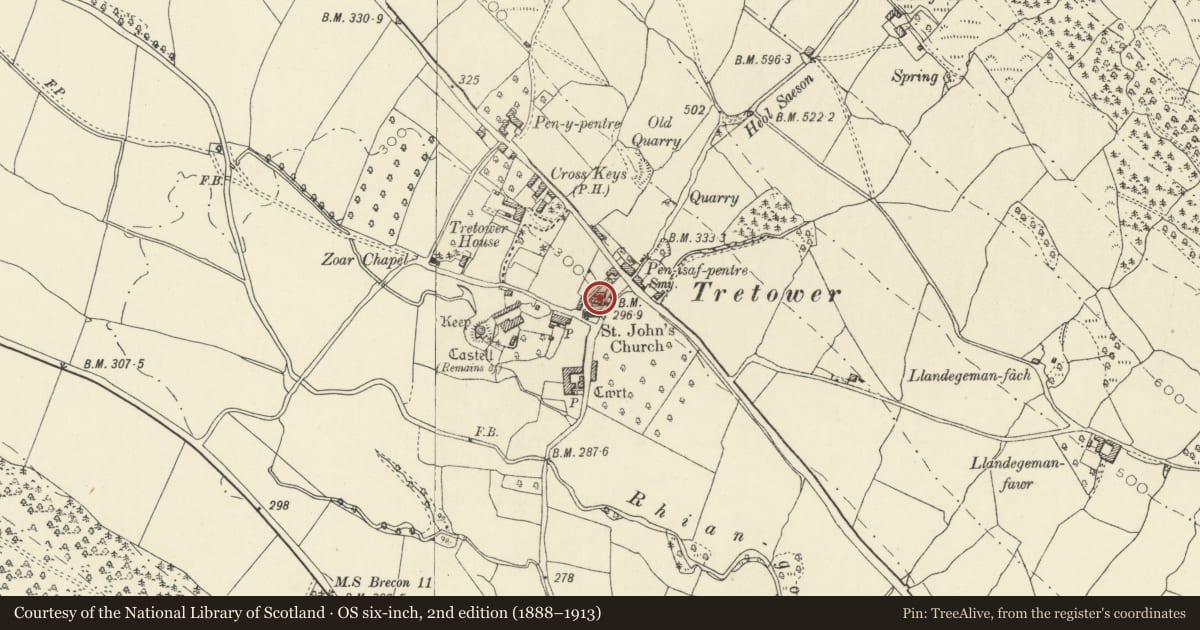 Ordnance Survey six-inch map, 2nd edition (1888–1913) covering the location of Church Hall, Llanfihangel Cwmdu with Bwlch and Cathedine, Powys, with a pin at the register's coordinates