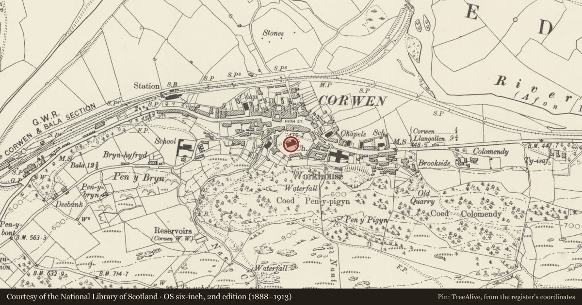 Ordnance Survey six-inch map, 2nd edition (1888–1913) covering the location of Church of St Mael and St Silien, Corwen, Denbighshire, with a pin at the register's coordinates