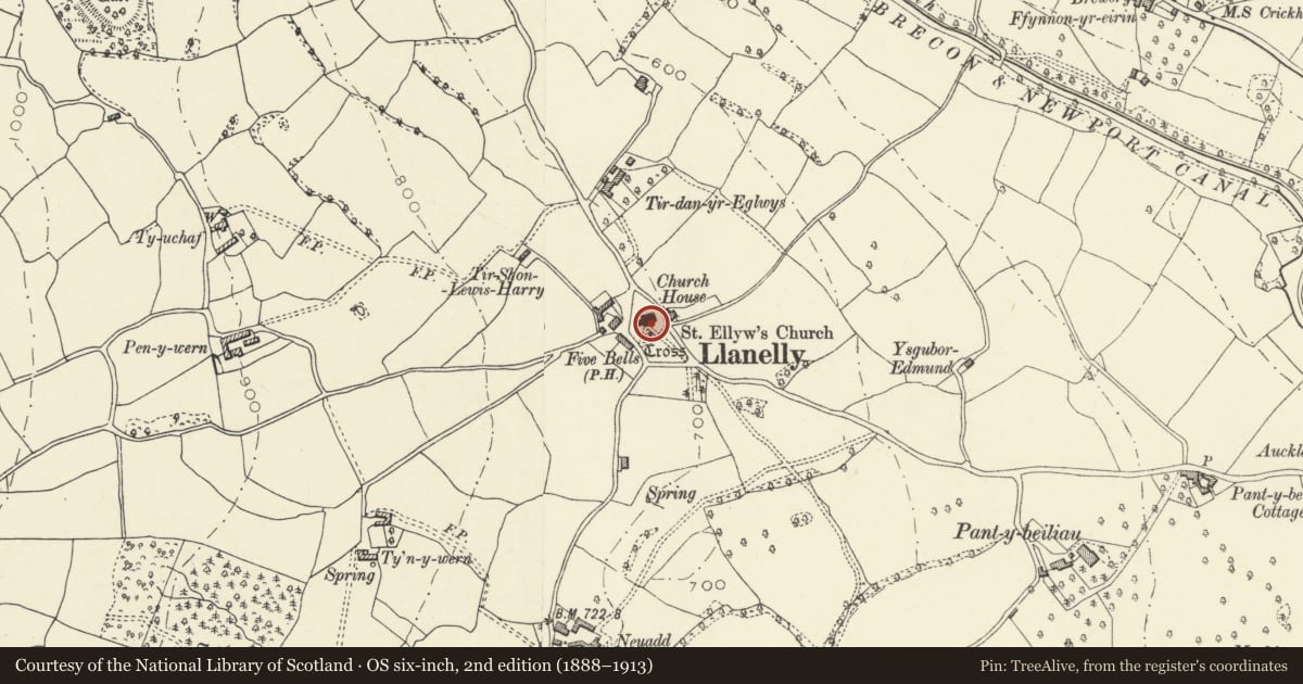 Ordnance Survey six-inch map, 2nd edition (1888–1913) covering the location of Parish Church of St. Elli, Llanelly, Monmouthshire, with a pin at the register's coordinates