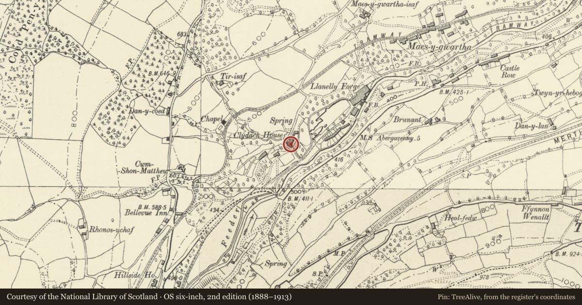 Ordnance Survey six-inch map, 2nd edition (1888–1913) covering the location of Clydach House, Llanelly, Monmouthshire, with a pin at the register's coordinates