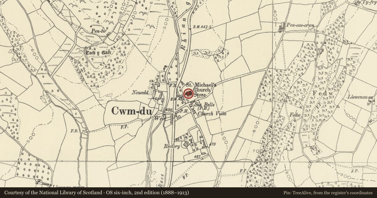 Ordnance Survey six-inch map, 2nd edition (1888–1913) covering the location of Church of St Michael, Llanfihangel Cwmdu with Bwlch and Cathedine, Powys, with a pin at the register's coordinates