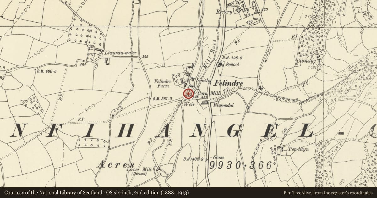 Ordnance Survey six-inch map, 2nd edition (1888–1913) covering the location of Bridge at Felindre, Llanfihangel Cwmdu with Bwlch and Cathedine, Powys, with a pin at the register's coordinates