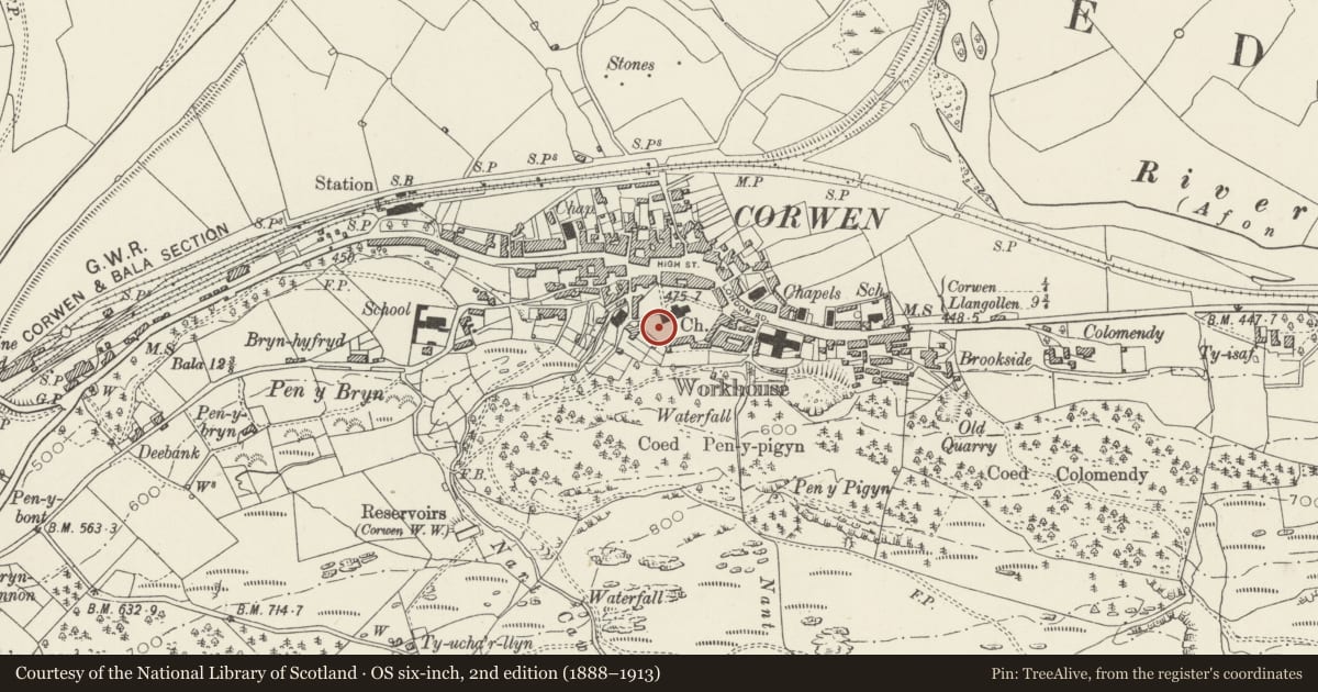 Ordnance Survey six-inch map, 2nd edition (1888–1913) covering the location of Churchyard Cross, Corwen, Denbighshire, with a pin at the register's coordinates