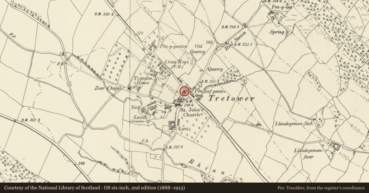 Ordnance Survey six-inch map, 2nd edition (1888–1913) covering the location of Vine Tree Cottage, Llanfihangel Cwmdu with Bwlch and Cathedine, Powys, with a pin at the register's coordinates