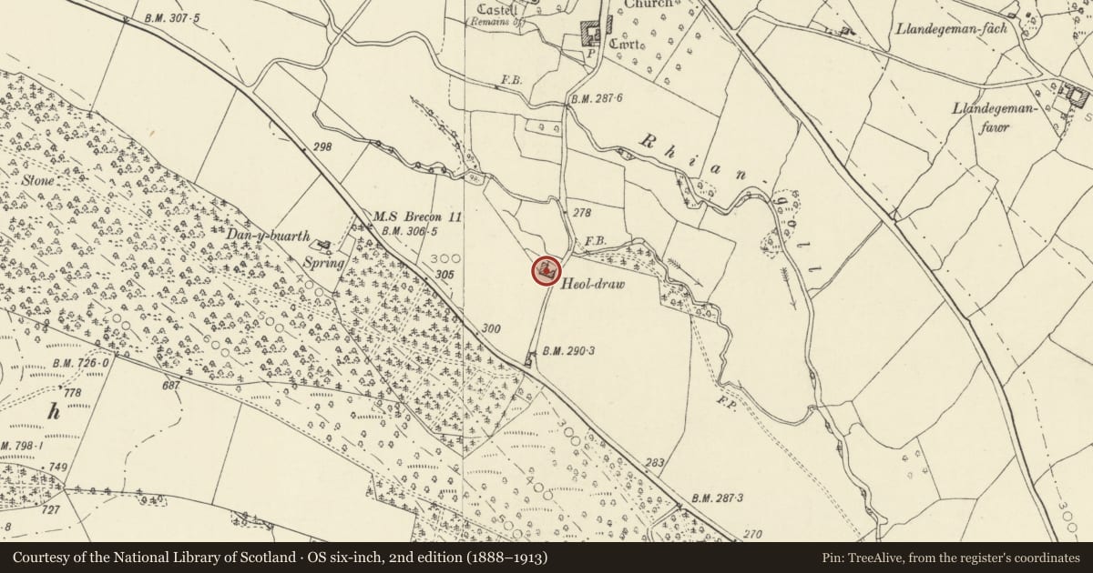 Ordnance Survey six-inch map, 2nd edition (1888–1913) covering the location of Heoldraw including attached farm buildings, Llanfihangel Cwmdu with Bwlch and Cathedine, Powys, with a pin at the register's coordinates