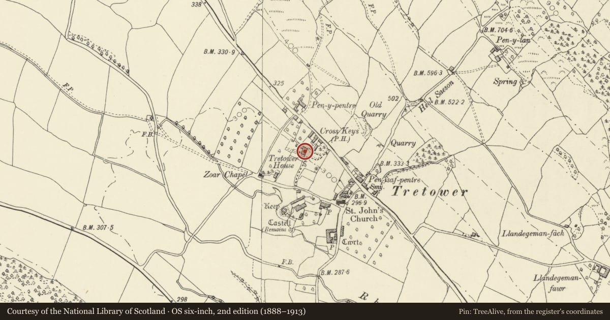Ordnance Survey six-inch map, 2nd edition (1888–1913) covering the location of Tretower House, Llanfihangel Cwmdu with Bwlch and Cathedine, Powys, with a pin at the register's coordinates