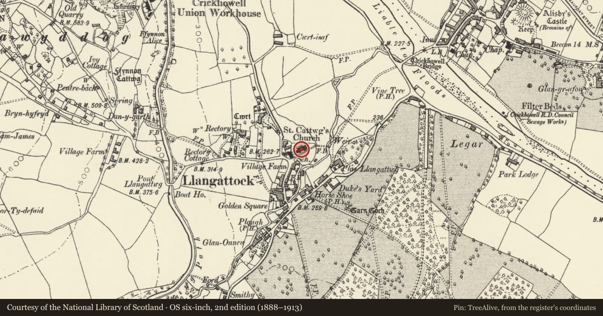 Ordnance Survey six-inch map, 2nd edition (1888–1913) covering the location of Church of St Cattwg, Llangattock, Powys, with a pin at the register's coordinates