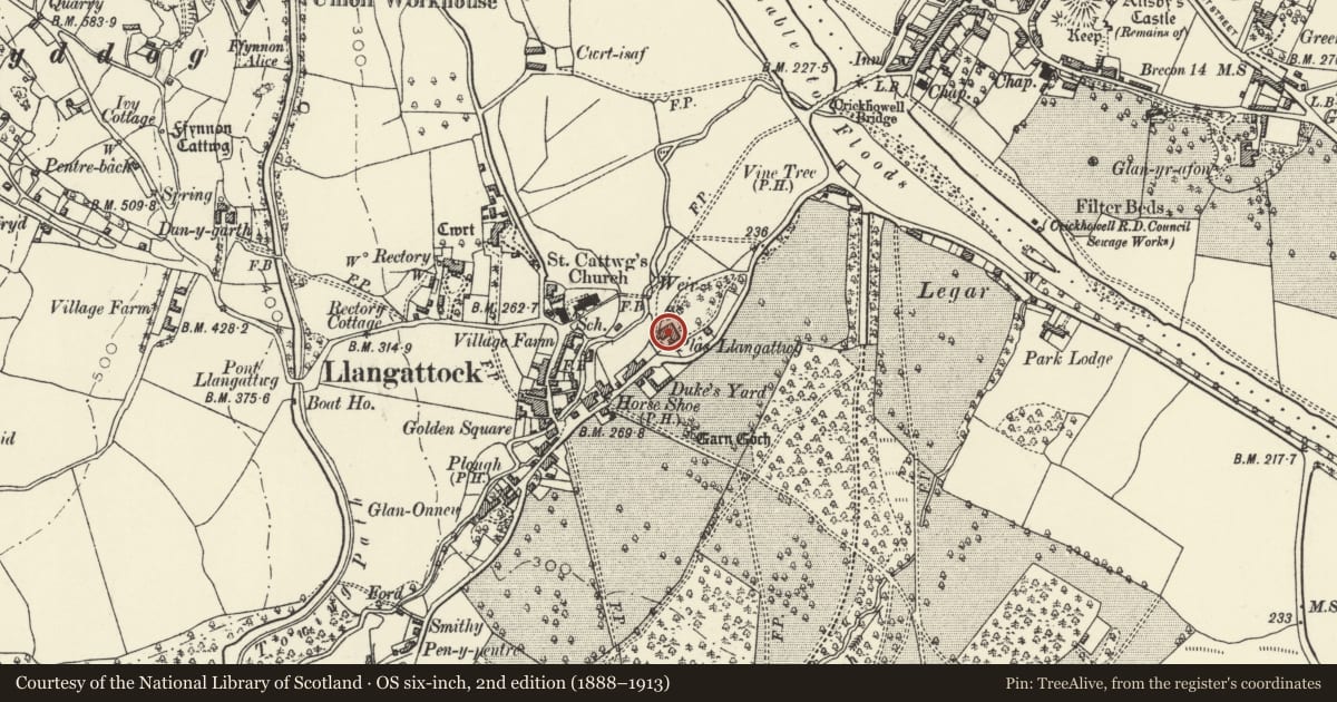 Ordnance Survey six-inch map, 2nd edition (1888–1913) covering the location of Plas Llangattwg, Llangattock, Powys, with a pin at the register's coordinates