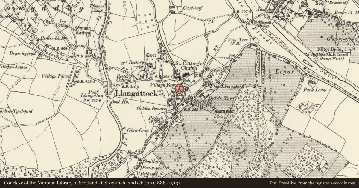 Ordnance Survey six-inch map, 2nd edition (1888–1913) covering the location of Old Six Bells, Llangattock, Powys, with a pin at the register's coordinates
