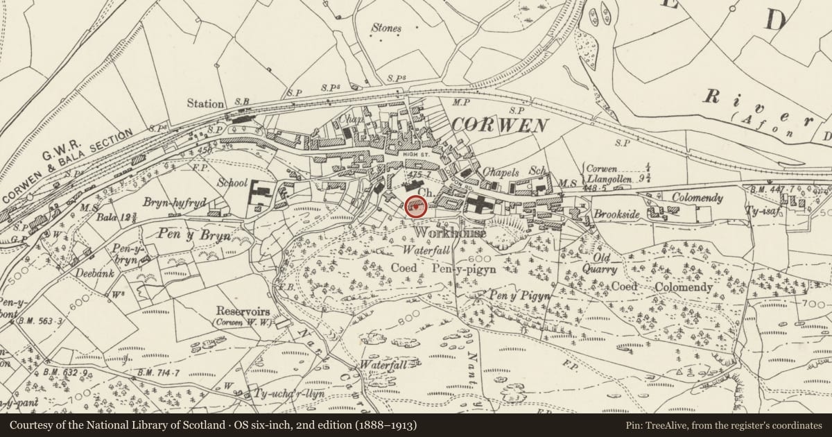Ordnance Survey six-inch map, 2nd edition (1888–1913) covering the location of Coleg y Groes (The College), Corwen, Denbighshire, with a pin at the register's coordinates