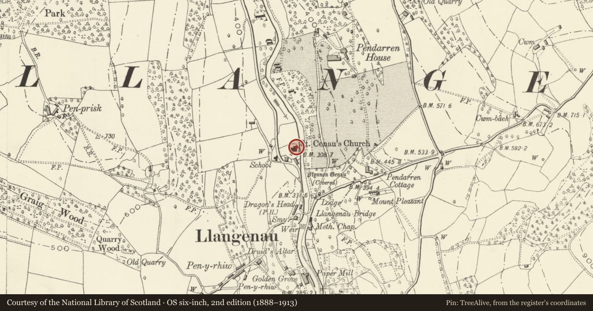 Ordnance Survey six-inch map, 2nd edition (1888–1913) covering the location of Church of St Cenau, Llangenny, The Vale of Grwyney, Powys, with a pin at the register's coordinates