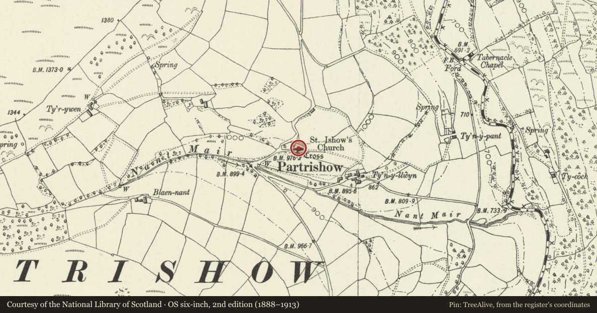 Ordnance Survey six-inch map, 2nd edition (1888–1913) covering the location of Church of St Issui, Partrishow, The Vale of Grwyney, Powys, with a pin at the register's coordinates