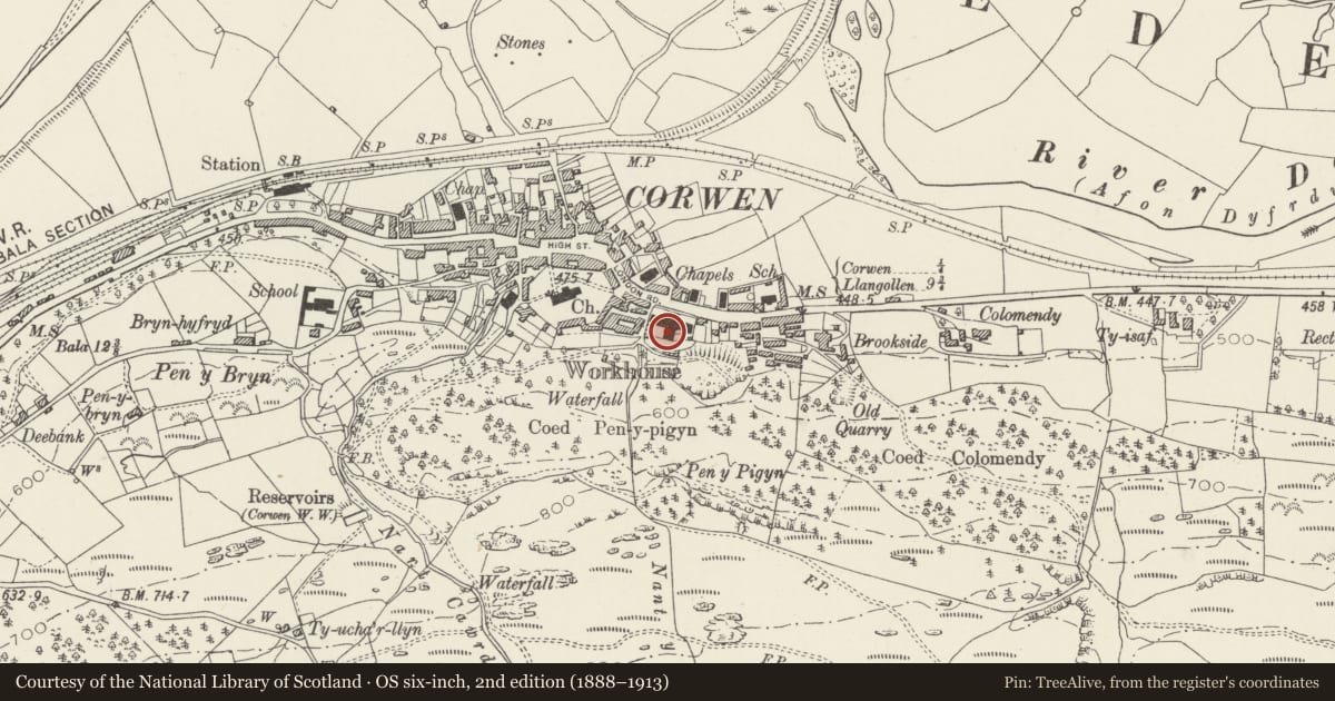 Ordnance Survey six-inch map, 2nd edition (1888–1913) covering the location of Corwen Manor (Old Workhouse), Denbighshire, with a pin at the register's coordinates